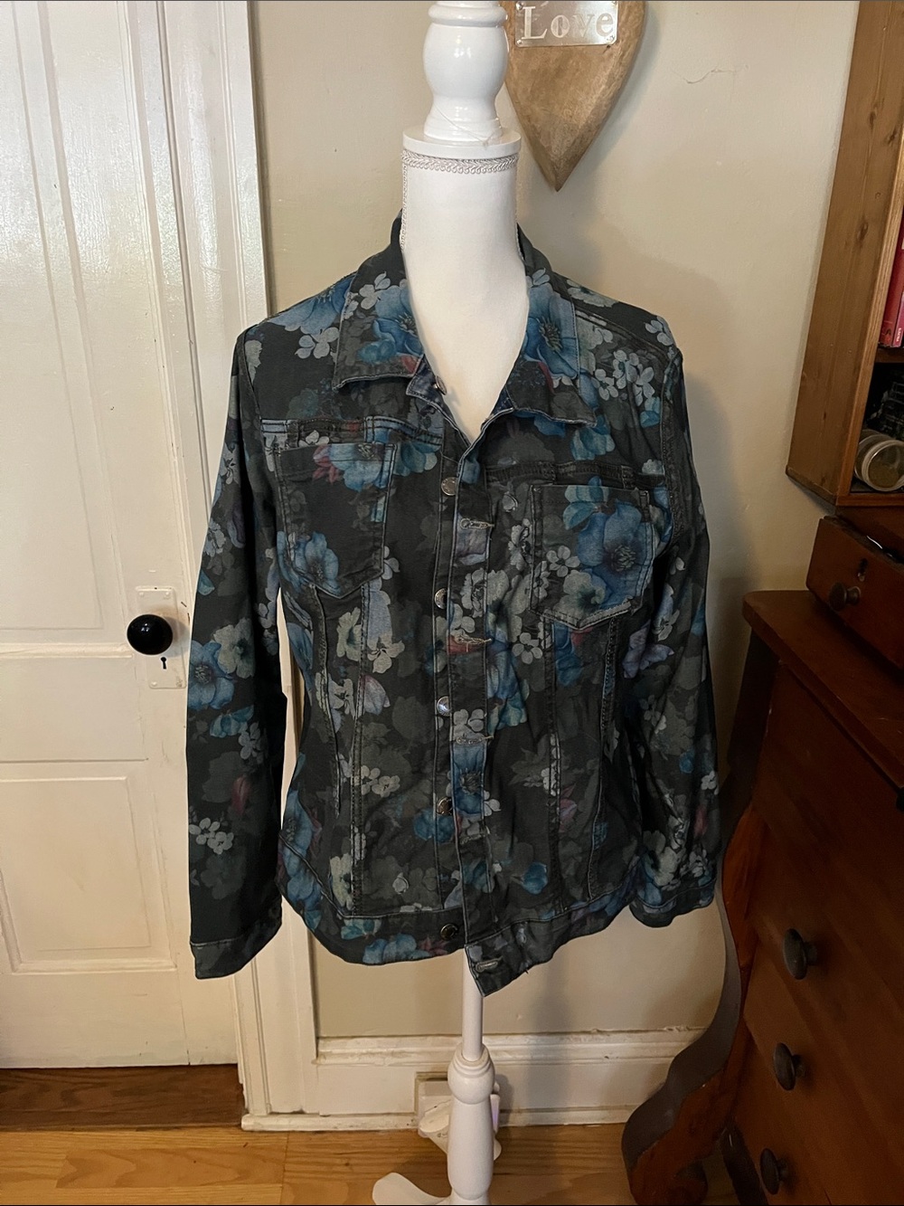 Floral Print Women’s reversible Denim Jacket - Blue on Black
